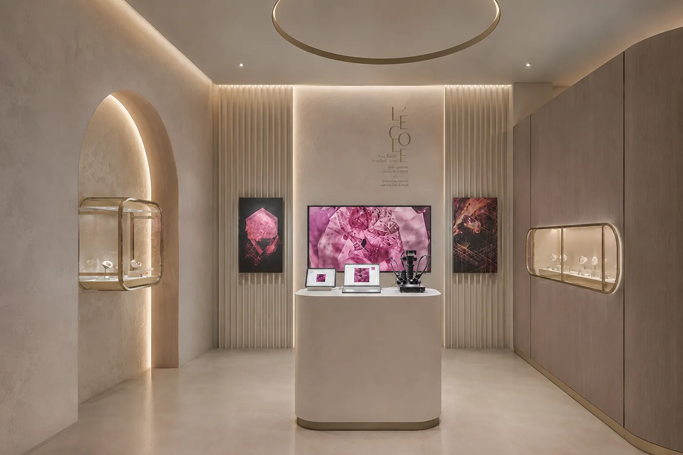 Interior of the Van Cleef & Arpels L'&Eacute;cole School of Jewelry Arts 'Ruby, Discover the Gemstones' exhibition in Singapore, with an arched alcove display, central pedestal, and ruby crystal artwork on the back wall.