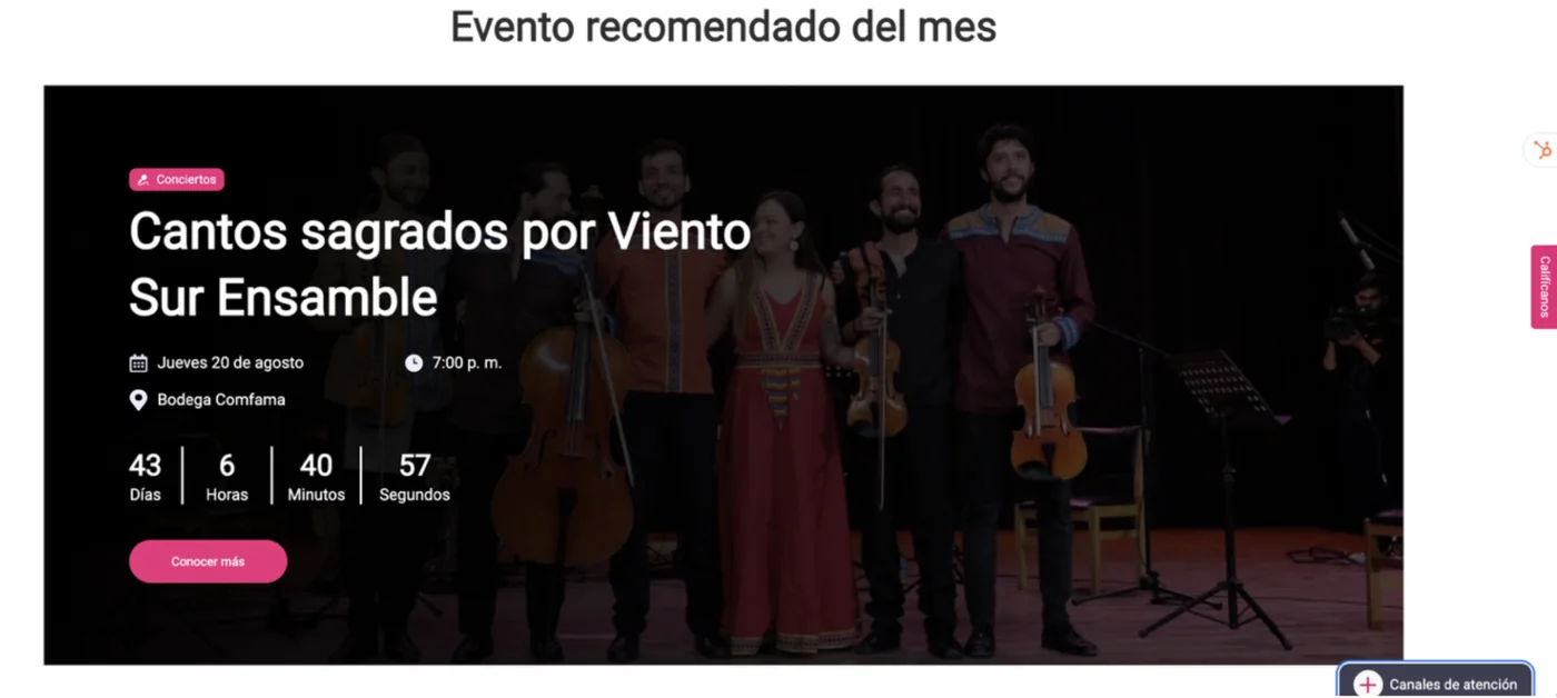 A recommended Comfama concert with a live registration countdown on the portal