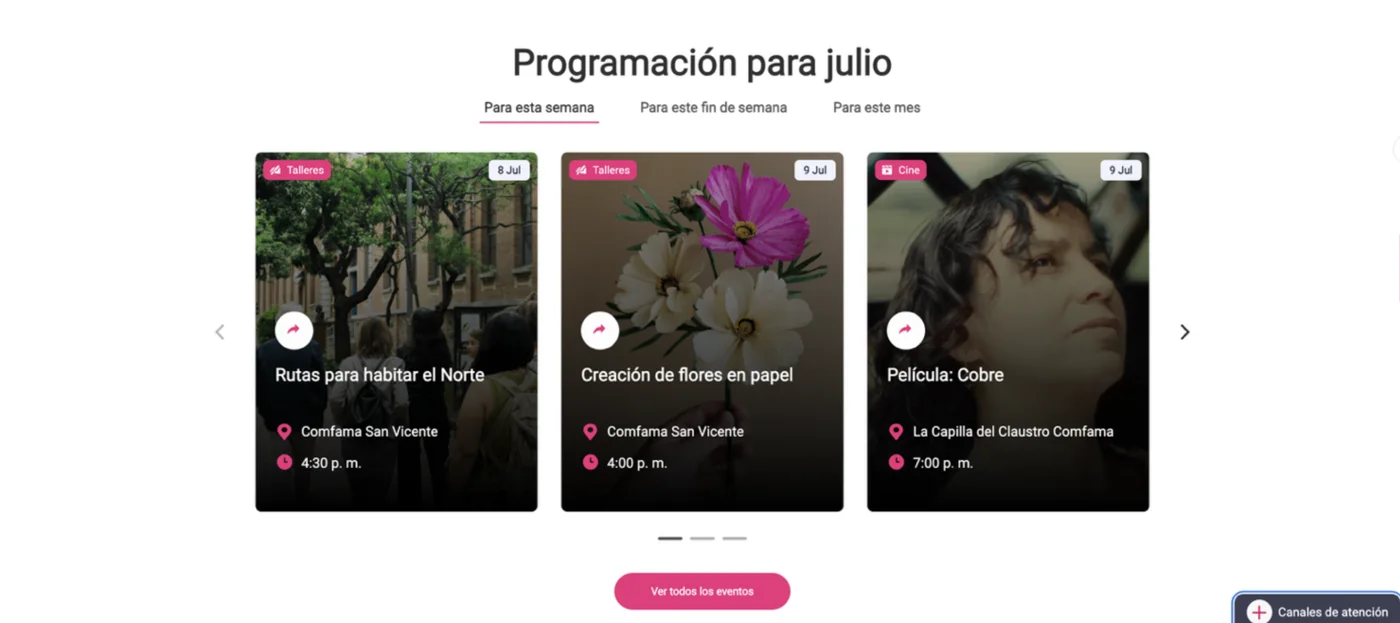 Comfama's monthly cultural program listing on its Eventtia-powered portal