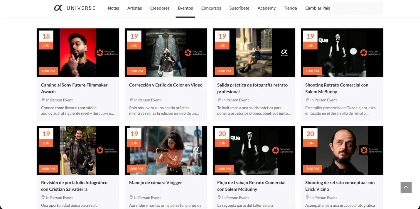 Sony Alpha Universe event portal powered by Eventtia, embedded on sony.com.co