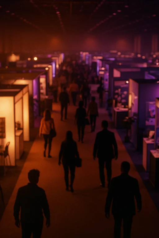Marketing, eventos y medios: feria de exposición al atardecer